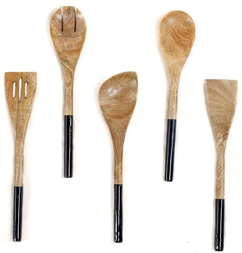 The Art Box Set di 5 utensili da cucina in legno da cucina antiaderenti con forchetta in legno da 30 cm, cucchiaio angolare, tornitore scanalato, cucchiaio, spatola per cottura, senza BPA, nero