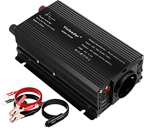 Yinleader Reiner Sinus Wechselrichter 500W /1000W DC 12V auf 230V AC und 1 EU Steckdose 2 USB mit LED