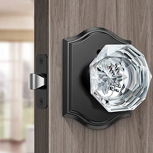 Calzibeno Crystal Door Knobs, Privacy Black Door Knob Interior, 1 Pack | Diamond Glass Door Knobs Interior with Lock, Zinc Alloy Glass Doorknob for Bedroom Bathroom, Antique Vintage Door Knob