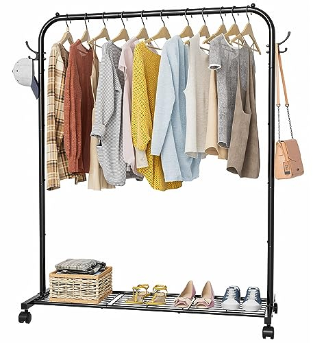 Clothes Rail, Portable Clothes Rack with Hook and Metal Storage Shelf, Heavy Duty Clothes Rail on Wheels, Clothing Rail Clothes Rails for Bedroom, Hanging Rails for Clothes, Holds up to 40 kg, Black