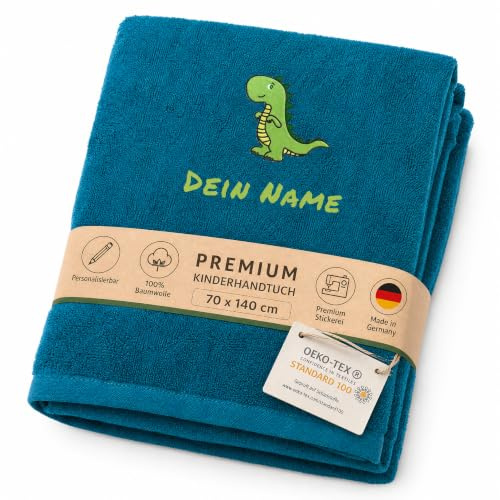 my STITCHERY Kinderhandtuch mit Namen Bestickt, Oeko-TEX® Standard 100 - Personalisiertes Handtuch für Kinder aus nachhaltiger Baumwolle mit gesticktem Namen und Motiv (70 x 140 cm, Petrol)