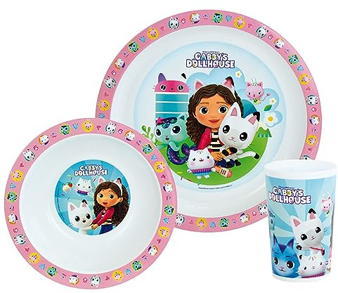 FUN HOUSE Gabby ET LA Maison Magique Children's Meal Set Including 1 Glass 220 ML, 1 Plate Ø 22 CM and 1 Bowl Ø 16 CM MICROWAVABLE for Children, Pink