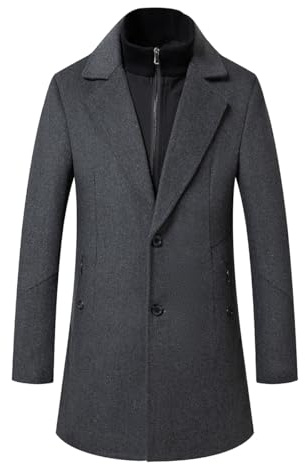 Sliktaa, cappotto da uomo in lana, caldo, invernale, stile business, con sciarpa, soprabito, lunghezza media, Grigio, M