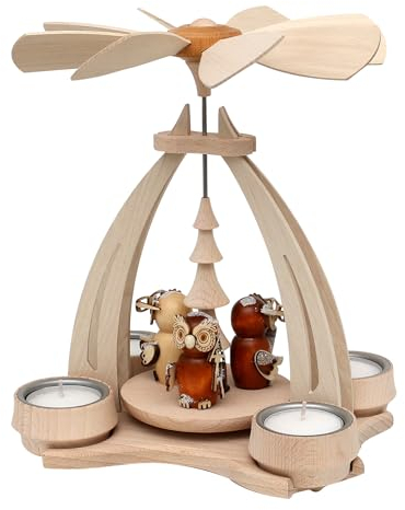 Pirámide de madera de haya con búhos para 4 velas de té, 18 x 14 x 24 cm aprox