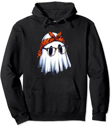 Cute Ghost Wearing Tigerprint Bandana Headband And Glasses Pullover Hoodie