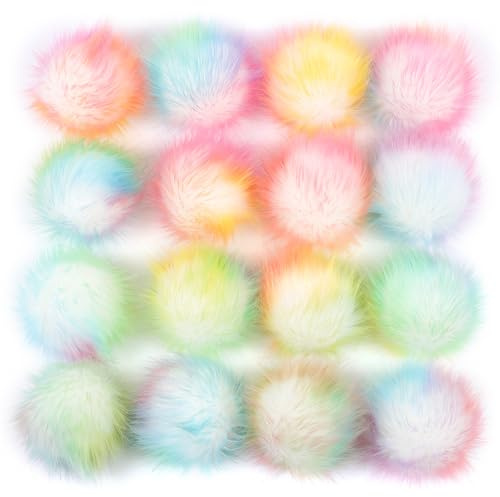 12 Stk 10-11cm Kunstfell Pompons, Kunstfell Bommeln zum Basteln, Künstliche Fellbommel Flauschige Bommel Pom Pom zum Basteln DIY Handwerk Mützen Handschuhe Tasche Anhängern Dekor,Weißer Regenbogen