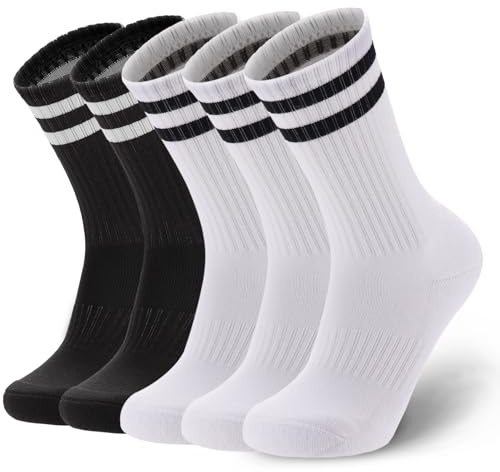 Ultrafun 5 Pairs Striped Crew Socks Cotton Cushioned Athletic Sports Running Socks for Men Women Teens (X-Large, Black+White)