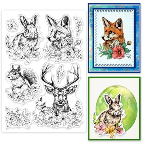 INFUNLY Animals Elk Clear Stamps for Card Making 6.3x4.3 Reusable Flower Bunny Silicone Stamp Fox Squirrel Transparent Seal Stamps for Decoration and DIY Scrapbooking Album Paper Crafts