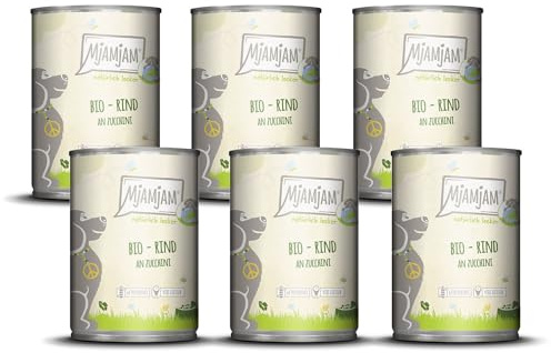 MjAMjAM - Cibo umido premium per cani - naturalmente delizioso - manzo BIO con zucchine, confezione da 6 (6 x 400 g), senza cereali con carne extra