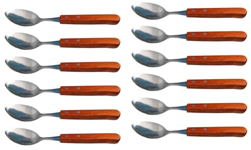 Tradineur - Pack de 12 cucharas de Mesa de Acero Inoxidable y Mango de Madera, Cubiertos clásicos de Cocina, aptas para lavavajillas - 20 cm