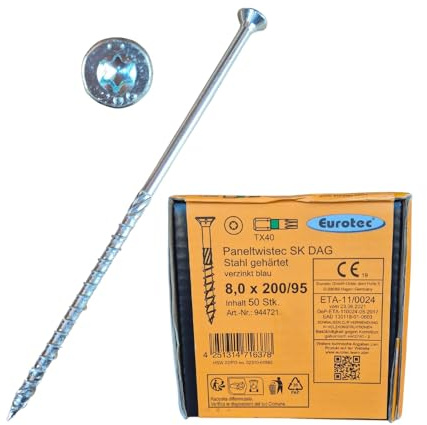 Vis ossature bois 8x200 mm - Vis charpente et assemblage bois - Eurotec Paneltwistec AG - Tête fraisée - Acier galva bleu et trempé - Torx TX40 - Boîte de 50 vis