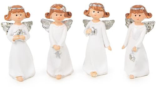 Logbuch-Verlag 4 Schutzengel Figuren weiß mit silbernen Flügeln – 5 cm – kleine Weihnachtsengel aus Polyresin – Geschenk zu Weihnachten, Taufe, Kommunion, Advent