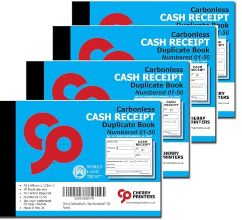 Cherry Carbonless (NCR) kassakvittobok duplicerat A6 50 uppsättningar numrerade 1-50 perfekt för egenföretagare och taxibilar **4-pack**