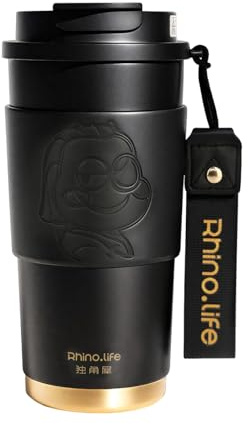 RhinoLife Insulated Coffee Mug Spill Proof Leak Proof with lid,17oz, Black Portable Ceramic Lined Travel Mug with Handle & Silicone Mat, Reusable Insulated Tumbler with straw, Gift for Lovers
