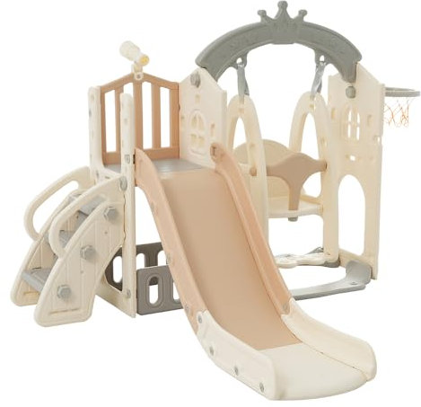 5 in 1 Kinderrutsche Indoor und Outdoor für ab 1-8 Jahr, Kinder Spielplatz mit Langer Rutsche, Schaukel, Aufbewahrungsbox, Kletterleiter, Teleskop, Basketballkorb und, Gartenrutsche, Braun