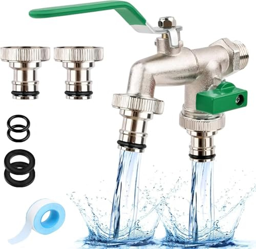 Wasserhahn Garten,Universal Doppel Auslaufhahn 1/2 Zoll & 3/4 Zoll Verteiler Außenwasserhahn mit mit 2x Gratis Schlauchanschlüsse, 1xRollendichtband, Doppelanschluss und Schlauchtülle-Grün