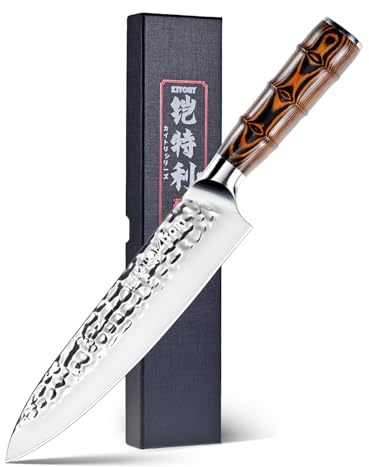 Kitory Kochmesser 20cm, Profi Chefmesser mit gehämmerter Klinge, Bambusförmiger Griff, Deutscher HC Edelstahl, Inklusive Geschenkbox