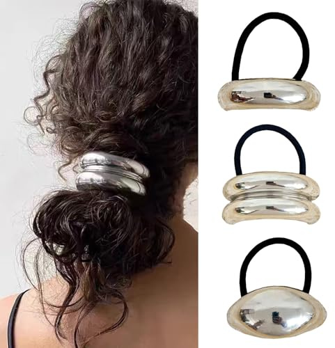 Duleylv 3 PCS Metal Hair Ties Gold Hair Cuffs Metal Hair Cuffs for Ponytails Gold Hair Ties Geometric Elastic Hair Ties Silver