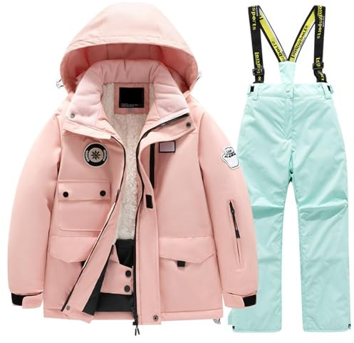 Tuta da Sci Bambini Tuta da Neve 2 Pezzi da Bambini Capppotto Piumino Salopette da Neve Bambini con Cappuccio Pellicia in pile giacca multitasche e pantaloni invernali tute da neve calde invernali