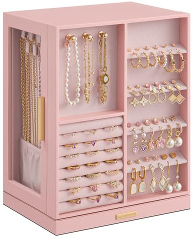 SONGMICS Jewellery Box 360° Rotating, Jewellery Organiser with 5 Drawers, Jewellery Display Case, Glass Window, Spacious, Vertical Jewellery Storage, Open Design, Great Gift, Jelly Pink JBC170R01