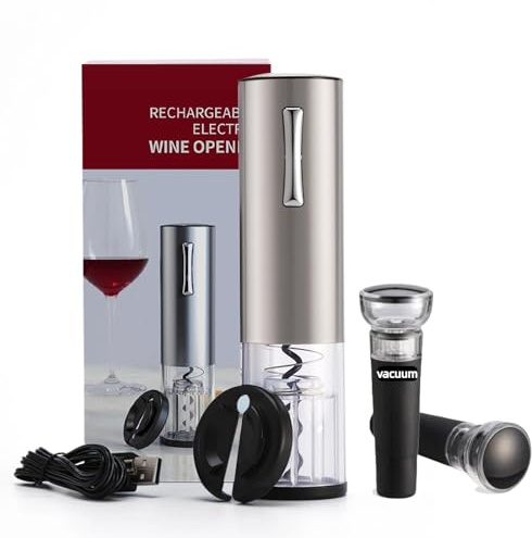 Saraudy Ensemble tire-bouchon électrique rechargeable avec 2 bouchons à vin sous vide, coupe-capsule, tire-bouchon alimenté par piles pour les amateurs de vin