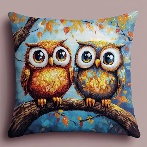 NAHUIGOOD Kreuzstich Kissen Vorgedruckt, Eule 45X45Cm 11Ct Stickset Für Kreuzstichkissen,Stickset Anfänger Diy Kreuzstichkissen Zum Dekorieren Handstickerei Kissenbezug Set