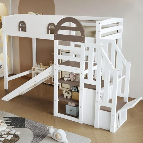 Lexiou Litera, Cuna Con Ventana, Con Tobogán Infantil, Escaleras con Pasamanos, Con 2 Taquillas en la Escalera, Diseño Versátil, Amplio Espacio de Almacenamiento, Pino+MDF, Blanco+Marrón