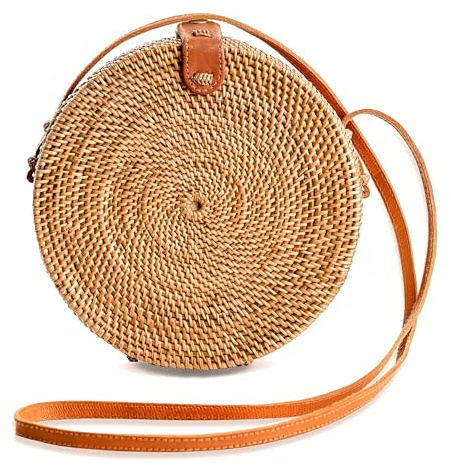 Lumova Handwoven Round Rattan Purse Crossbody – Straw Basket Wicker Bag for Women – Circle Summer Handbag (Small Brown Round)