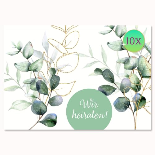 Edition Colibri 10 Einladungskarten Hochzeit A6 – Hochzeitskarte Brautpaar Trauung Liebe, Hochzeitsfeier Karten Set romantisch schlicht Eukalyptus, Hochzeitseinladung für Männer, Frauen & Paare