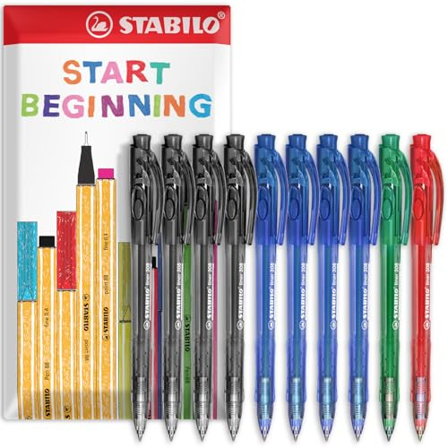 STABILO Liner Druckkugelschreiber, feine 0,7 mm Spitze, 10 Stück (Schwarz, Blau, Grün, Rot)