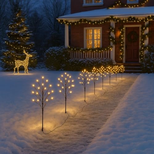 Valiant Christmas Pathway Lights | 8 Pack Warm White LED Sprig Branch Lights with Ground Stakes | 8 Display Modes | Weatherproof Cable | Outdoor Festive Decoration