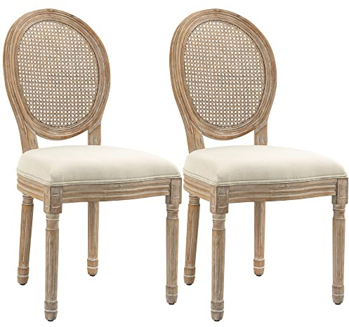 HOMCOM Esszimmerstühle 2er Set Küchenstuhl mit Rattan-Rückenlehne, Leinenoptik, Sessel Polsterstuhl, Stühle, Wohnzimmerstuhl mit Holzbeine für Esstisch, Beige