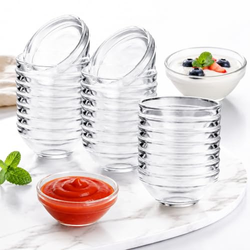 BXUUXA 24 Piezas Cuencos de Cristal,40ML Cuencos Aperitivos Reutilizable Mini Cuencos para Salsas,6 CM de Diámetro,Microondas Cuenco de Cristal para Aperitivos para Salsas Postres Snacks Frutas Sushi