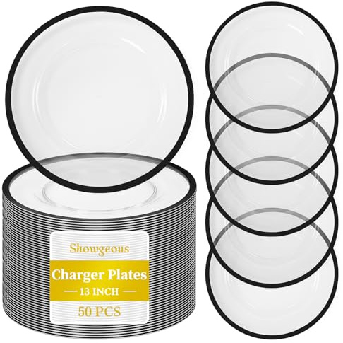 Showgeous 50 Pack Clear Charger Plates with Black Rim 13'' Heavy-Duty Disposable Plate Chargers for Dinner Plates Round Plastic Plate Chargers for Wedding Parties Dinner Table Serving Home Decoration