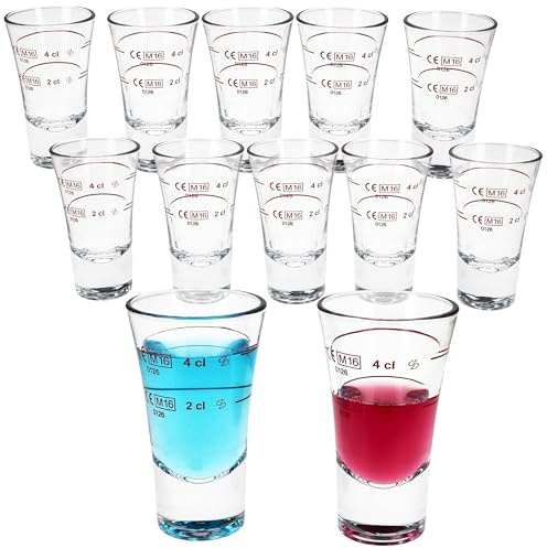 MamboCat Boston - Set di 12 bicchieri da liquore, calibrati su 2 cl e 4 cl, 12 persone, in vetro trasparente con fondo spesso, per vodka, liquori, tequila I bar e feste