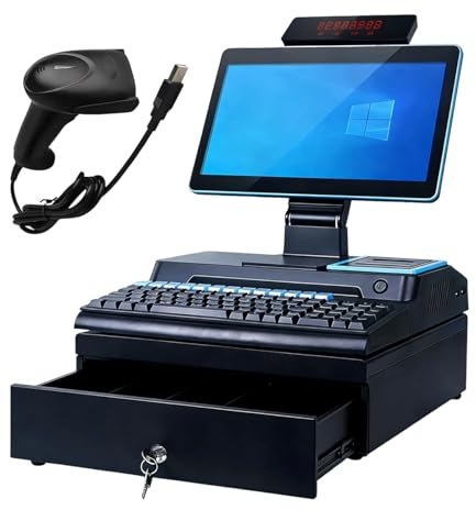 Caisse Enregistreuse Professionnelle pour Petites Entreprises, écran Tactile 15,6 Pouces, Affichage Client, Tiroir-Caisse, Imprimante Thermique, Lecteur de Codes-Barres 2d Single Screen Black