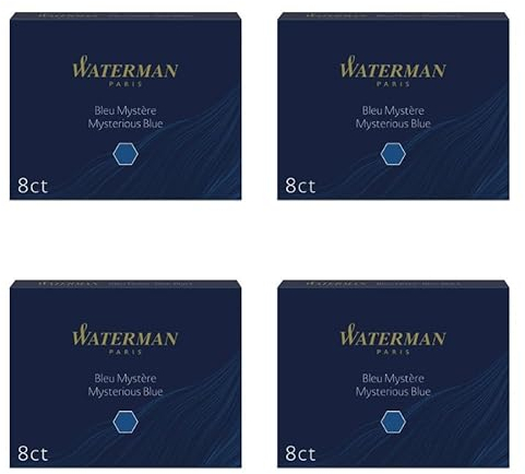Waterman S0110910 - 4 Etuis mit 8 Großraum-Tintenpatronen blau, Tinte löschbar (4x 8er Päckchen blauschwarz)