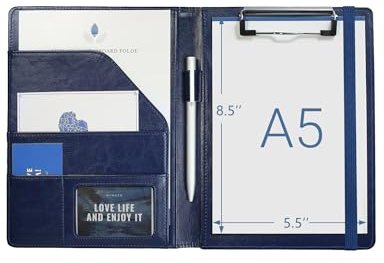 Small Padfolio Clipboard A5 Folder for Writing Pad Refillable 5 x 8 Note pad, Mymazn Faux Leather Clipboard Folder Junior Size Portfolio 5x8 Folio Clip Board (Blue)