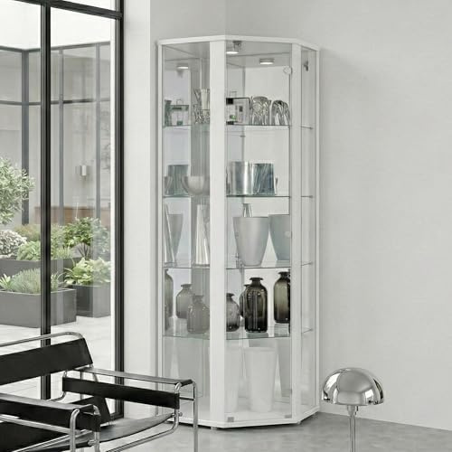 K-Möbel Eckvitrine in Weiss (176x56,5x56,5 cm) mit 4 Glasböden, Schloss, Spiegel & LED - Modellauto Vitrine Weiß - Vitrinenschrank hell - Sammlervitrine - Wohnzimmerschrank Glasvitrine stehend Regal
