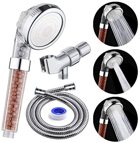 PRUGNA Filter Shower Head with Hose and Shower Arm Bracket, High Pressure & Water Saving Handheld Shower, 3-Settings Filter Showerhead for Dry Hair & Skin SPA