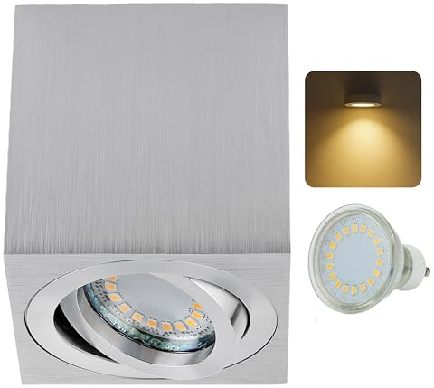 Sweet Led Aufbauspot GU10 schwenkbar eckig alu gebürstet - Spots Deckenleuchte inkl. LED 5W 3000K warmweiß 430lm - Aufbaustrahler Aluminium - Deckenspots Aufputz 230V -