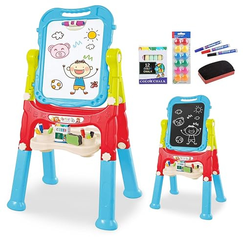 The Magic Toy Shop Kids Folding Double-Sided Magnetic Easel - 360° Rotating & Removable Drawing Board with Blackboard & Whiteboard - Magnets, Chalks, Markers, Stand - Art, Painting, & Writing (Blue)