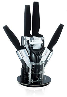 Royalty Line - Set di 4 coltelli in ceramica + pelapatate in ceramica e supporto girevole, colore: Nero