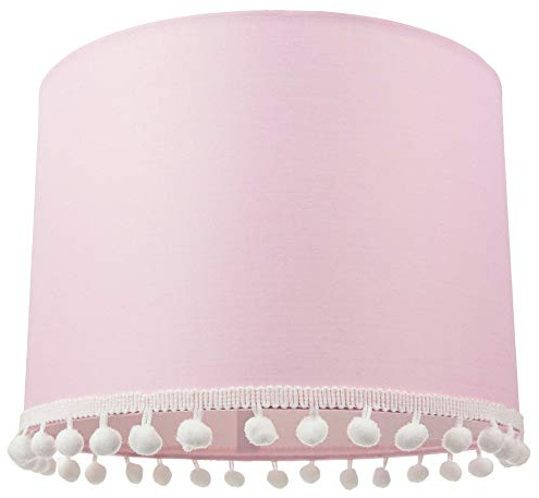 Cute and Modern Pink Cotton 10 Lamp Shade with Small White Woolly Pom Poms | for Table Lamp or Ceiling Pendant | 60w Maximum by Happy Homewares