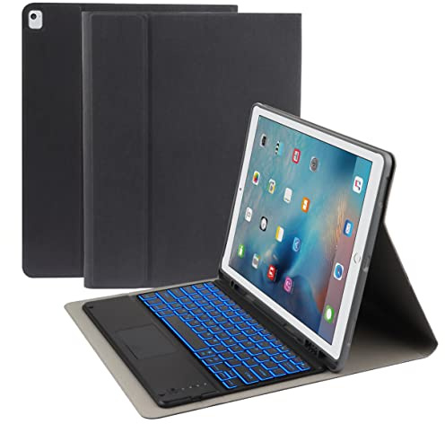 HaoHZ Funda Teclado para iPad Pro 12.9 2015/2017 (1.A / 2.A Generación), (Incluye Letra Ñ) Teclado Retroiluminado En 7 Colores con Panel Táctil, Funda De Cuero PU con Portalápices,Negro