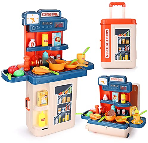 Czemo 4 in 1 Kinderspiel Küchenspielzeug Kinderküchenzubehör 41 Stück mit Ton und Licht Herd Spüle Kühlschrank Backofen Essen Küche Spielzeug Spielzeug für Jungen und Mädchen (Koffer)