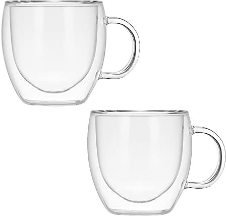 Marooma Lot de 2 tasses à café en verre borosilicate transparent avec poignées pour jus, lait, sachet de thé, boisson, bière - 150 ml - A1