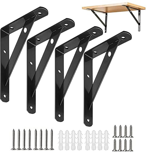 Equerres Etageres Murale, 4 Packs Supports Équerre D'étagère Fixation, 15CM Cadre Flottant de Supports Triangulaires de 90 Degrés en Métal Charge Lourde, 30KG Porteur, Support d' Étagères (noir)