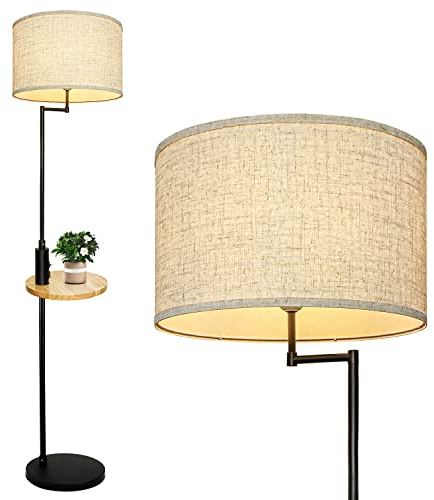 Depuley Stehlampe Wohnzimmer mit USB Anschluss & Holztisch, Moderne Led Stehleuchte Schwarz mit Kippschalter aus metall, E27 Retro Leselampe Standlampe für Esszimmer, Lesen, Sofas