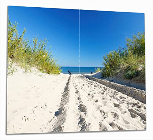 Wallario Herdabdeckplatte/Spritzschutz aus Glas, 2-teilig, 60x52cm mit 8mm hohen Füßen, für Ceran- und Induktionsherde, Auf dem Sandweg zum Strand - Blauer Himmel über dem Meer
